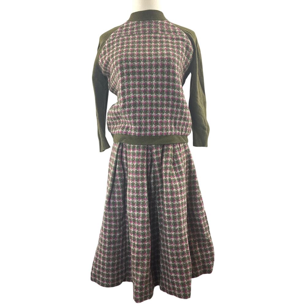 Vintage 60s Women's Medium Gays Gold Label Wool Knit Skirt Set Houndstooth - Picture 2 of 7